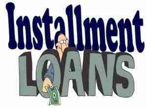 Installment Loans sign with cartoon man looking through