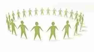 A circle of illustrated, green human figures holding hands, symbolizing unity or teamwork among loans people poor credit.