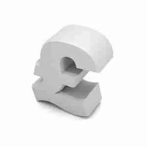 Three-dimensional pound sterling currency symbol on a white background.