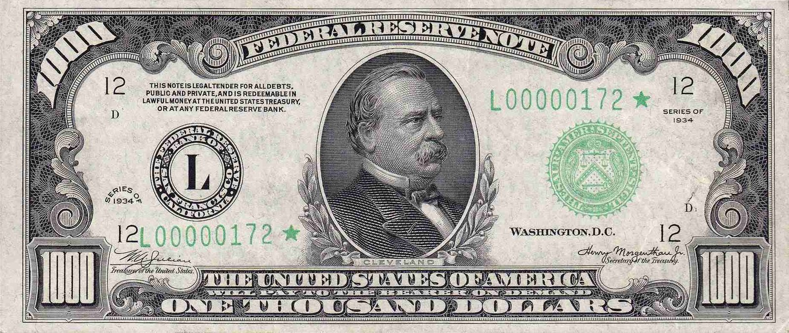 A black and white image of a united states one thousand dollar federal reserve note from the series of 1934, with a portrait of grover cleveland in the center.