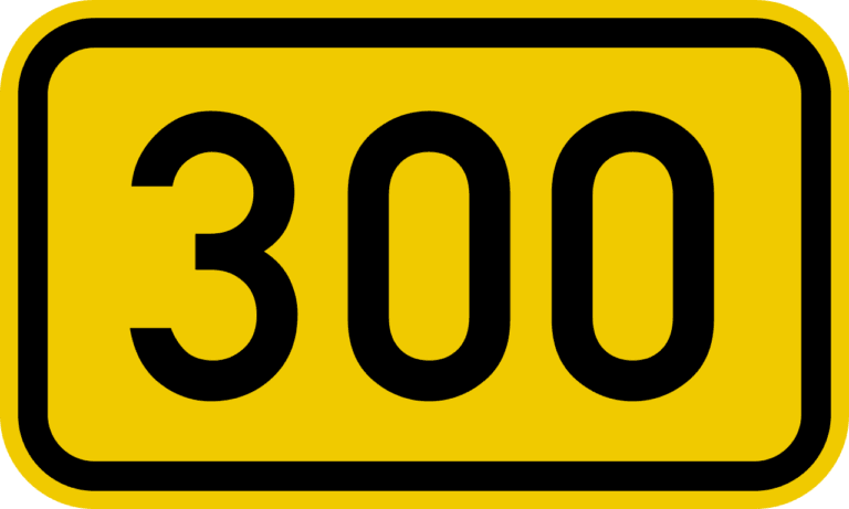 Yellow road sign with the number 300 on it.