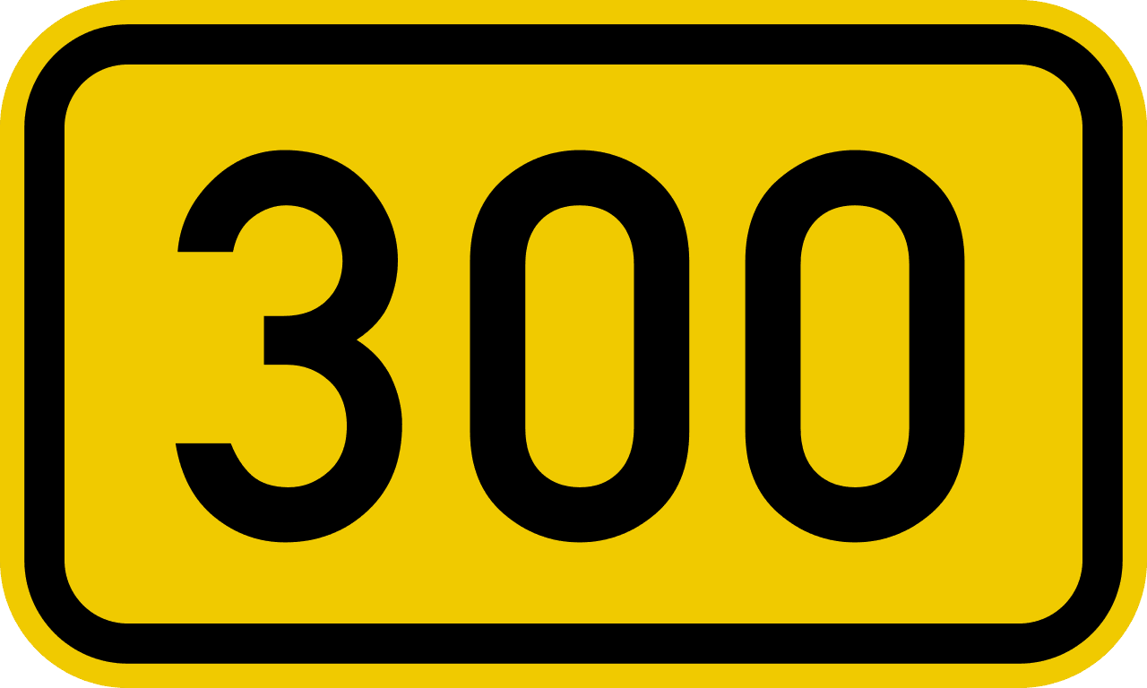 Yellow road sign with the number 300 on it.