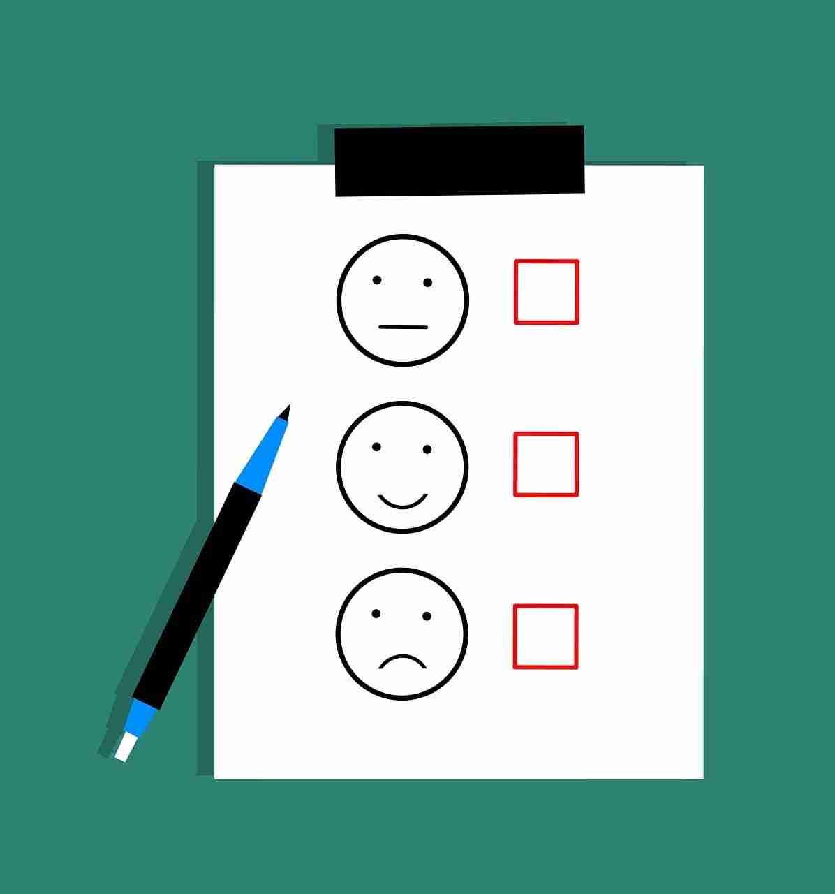 A customer feedback form with three smiley face options ranging from happy to sad next to checkboxes, accompanied by a blue pen, implying the need for a response regarding satisfaction level. car finance for poor credit rating