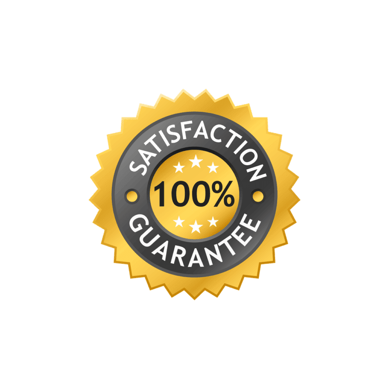 A golden seal with a starburst design featuring the text "satisfaction 100% guarantee" on a black background, symbolizing a promise of high-quality service or product satisfaction.