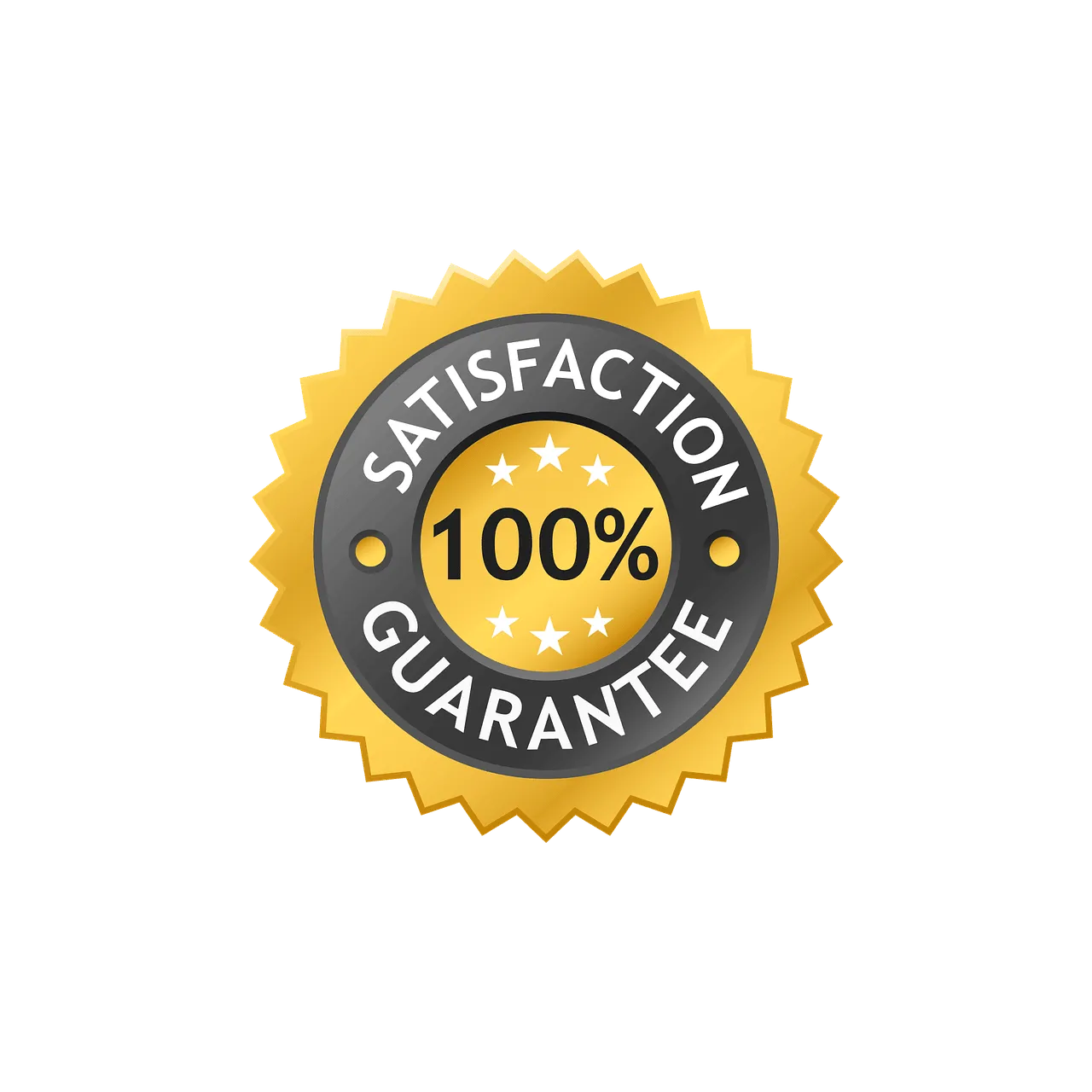 A golden seal with a starburst design featuring the text "satisfaction 100% guarantee" on a black background, symbolizing a promise of high-quality service or product satisfaction.