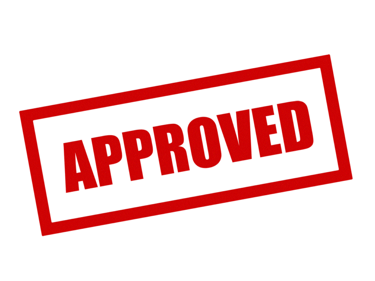Red and white 'approved' stamp.