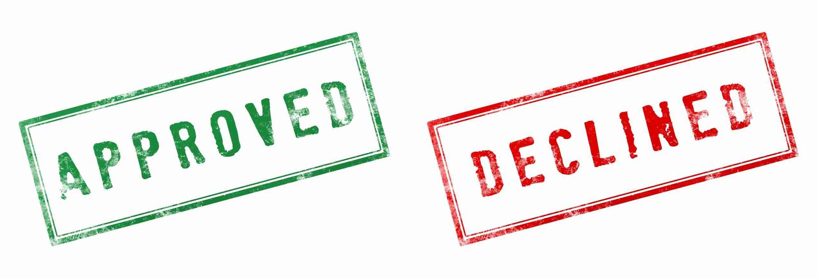 Two rubber stamp impressions with contrasting outcomes: one green saying "approved" and the other red stating "declined.