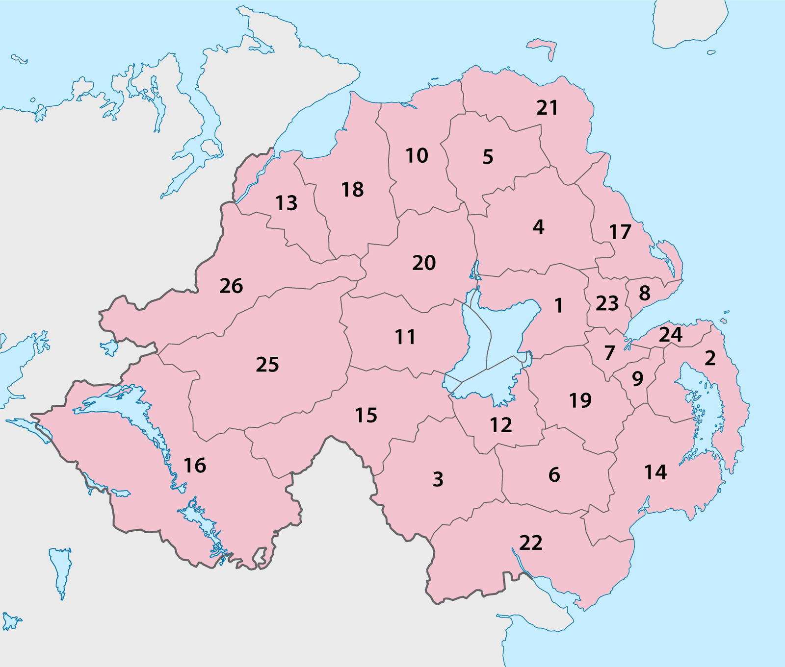 A color-coded map of an unspecified area with numbered sections, possibly representing administrative districts, electoral constituencies, or geographic divisions. Northern Ireland Payday Loans