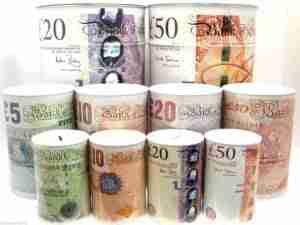 various money containers stacked