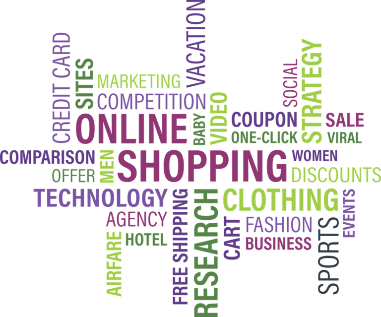 A colorful word cloud centered around the theme of online shopping, highlighting related terms such as technology, discounts, clothing, marketing, and free shipping.