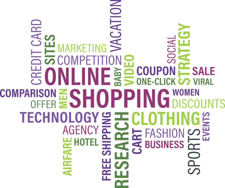 A colorful word cloud centered around the theme of online shopping, highlighting related terms such as technology, discounts, clothing, marketing, and free shipping.