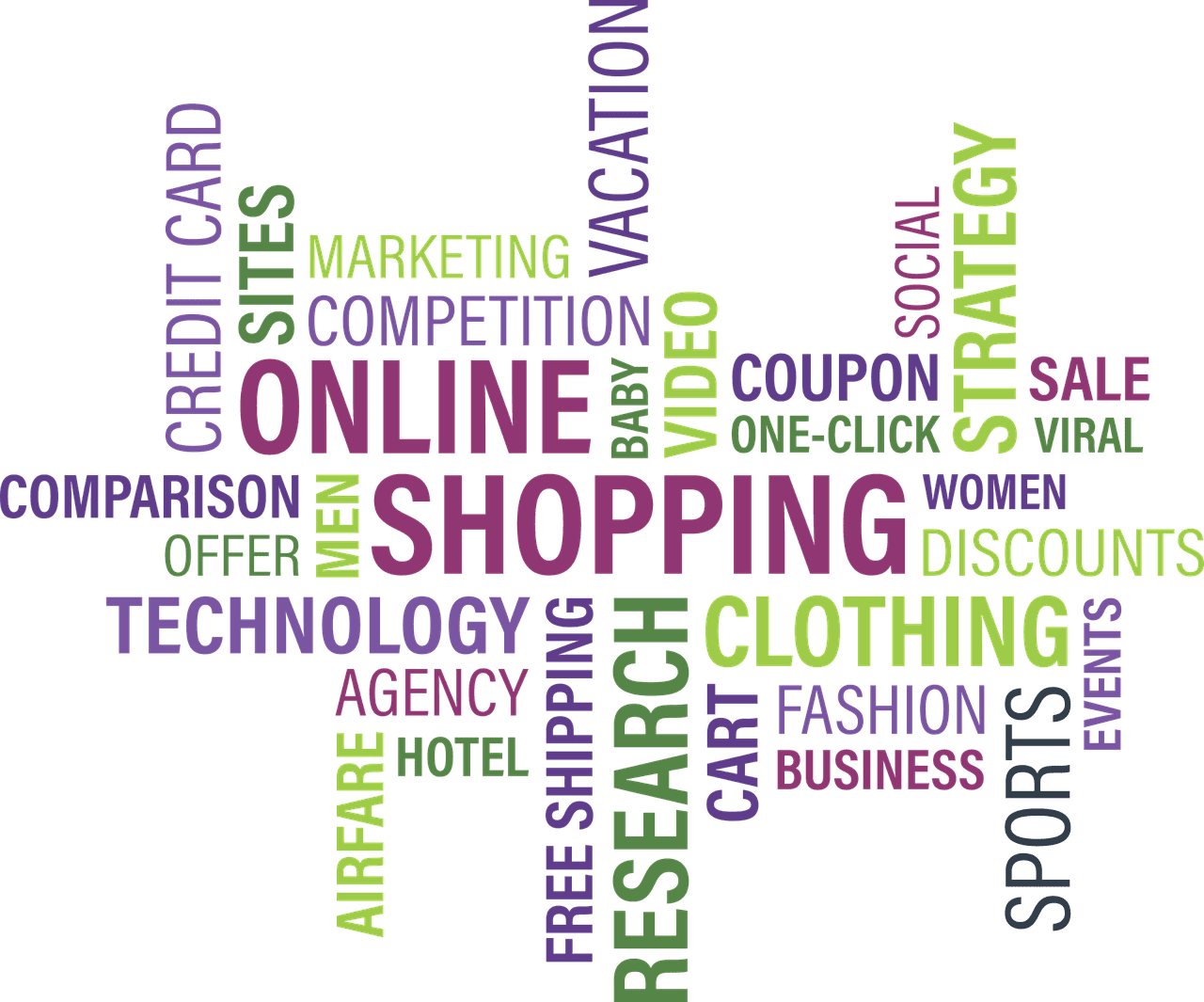 A colorful word cloud centered around the theme of online shopping, highlighting related terms such as technology, discounts, clothing, marketing, and free shipping.