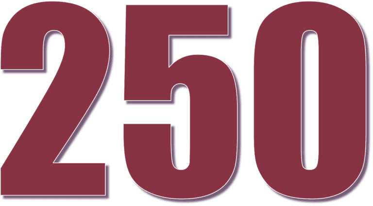 A large number "250" in a bold font, with a maroon color outlined by a navy blue, displayed on a transparent background.