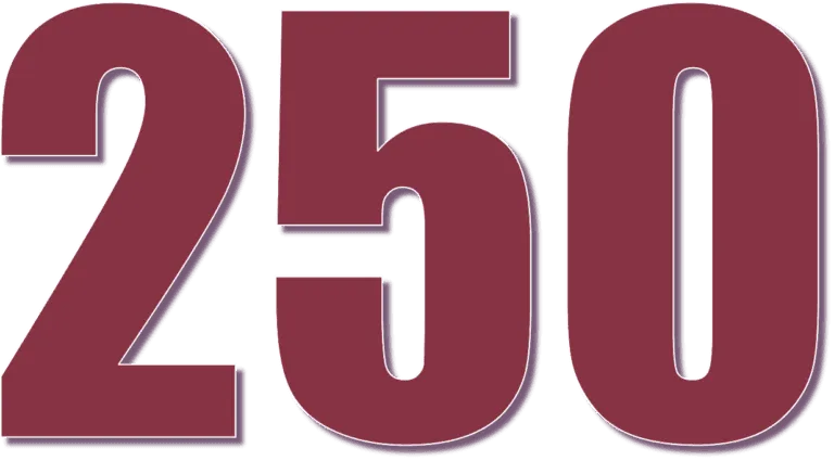 A large number "250" in a bold font, with a maroon color outlined by a navy blue, displayed on a transparent background.