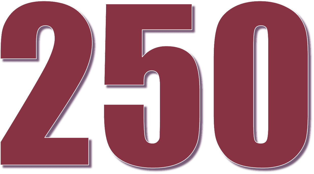 A large number "250" in a bold font, with a maroon color outlined by a navy blue, displayed on a transparent background.