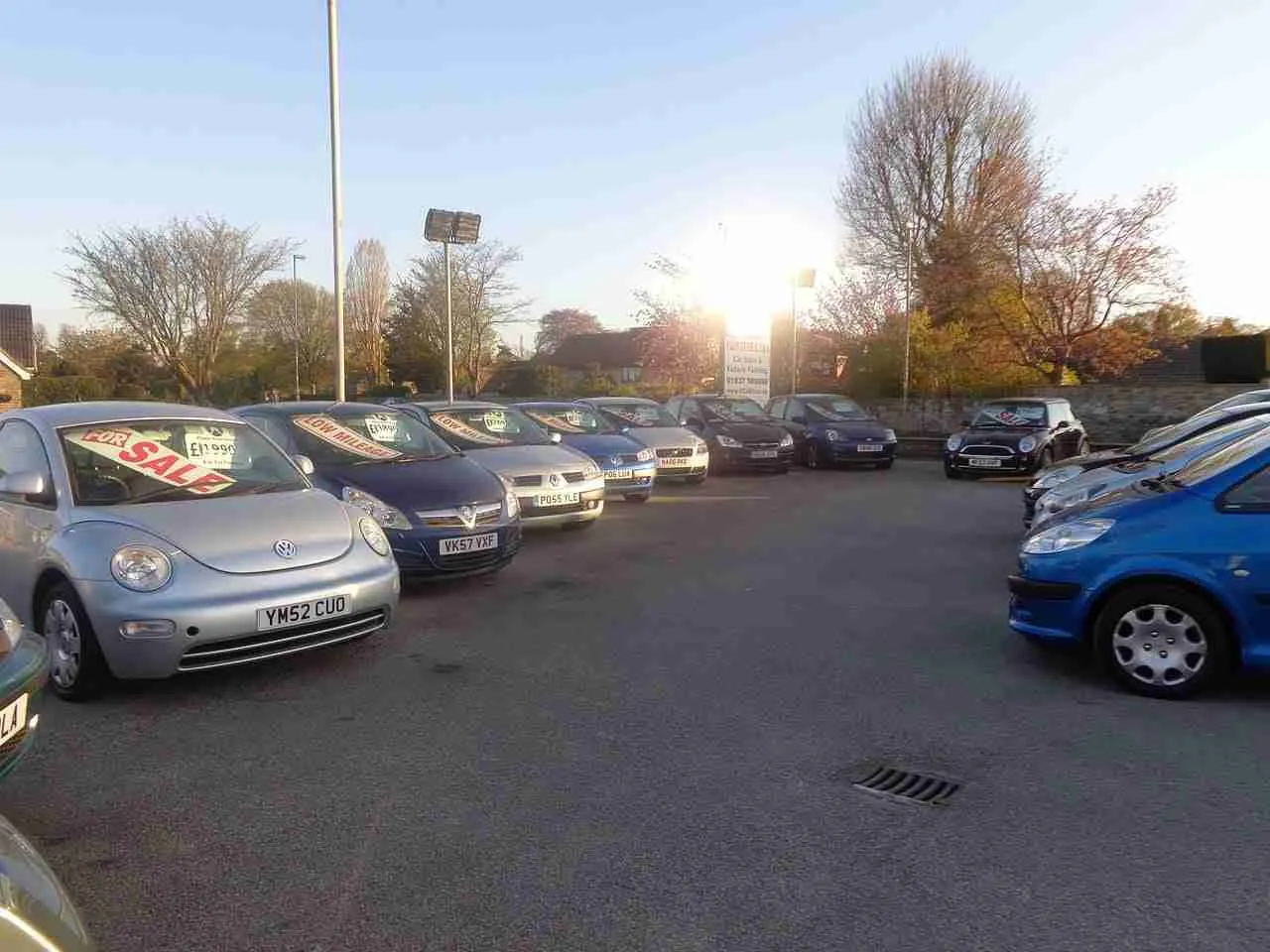 A line of used cars with "for sale" signs parked at a car dealership during the late afternoon. car financing with bad credit