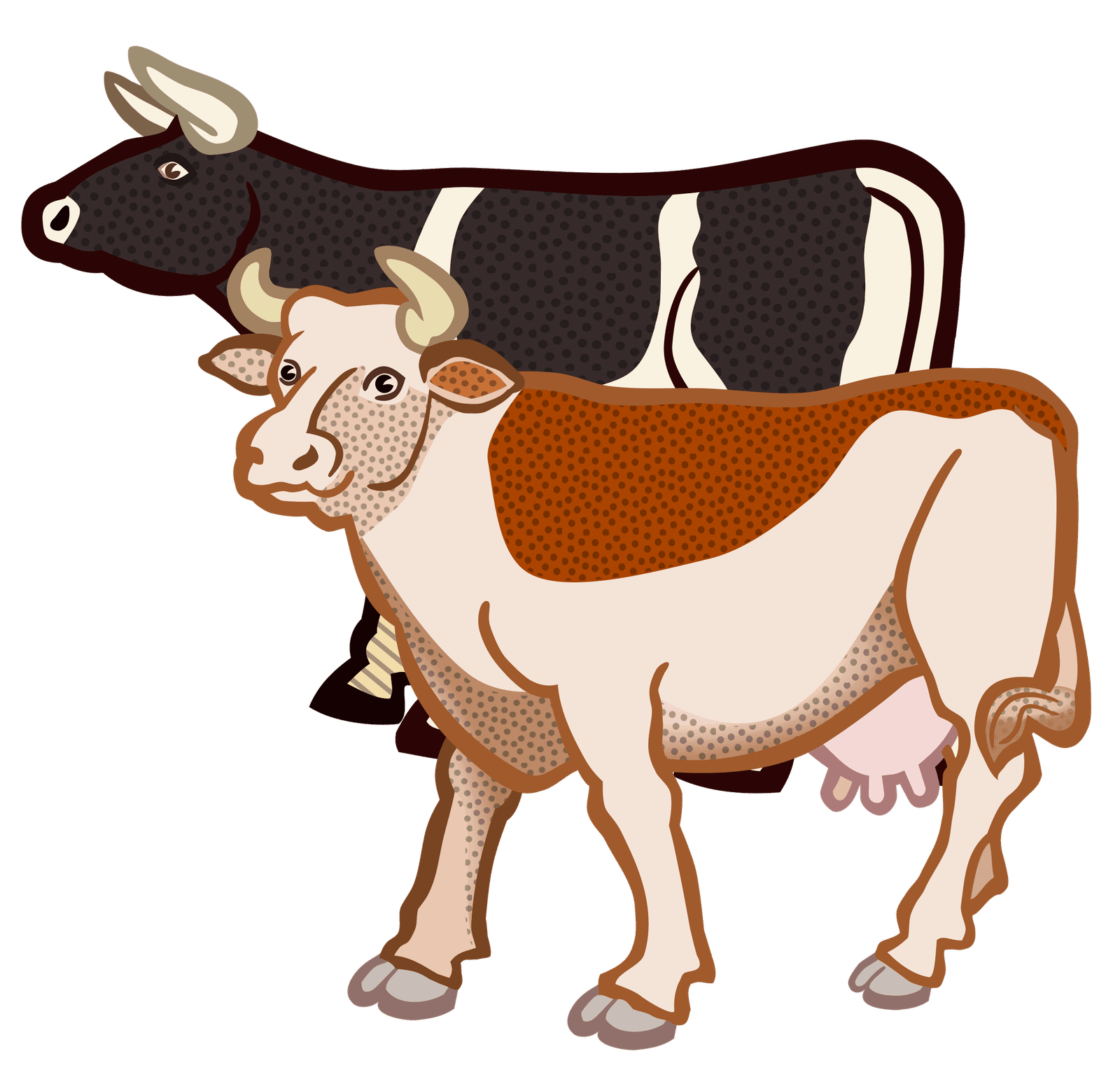 Stylized illustration of two cows, one black and white and the other tan and white, standing against a muted blue background.