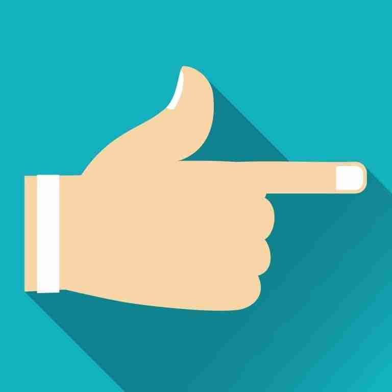 A graphic of a hand with a thumb up making a pointing gesture to the right, set against a teal background with a long shadow effect.