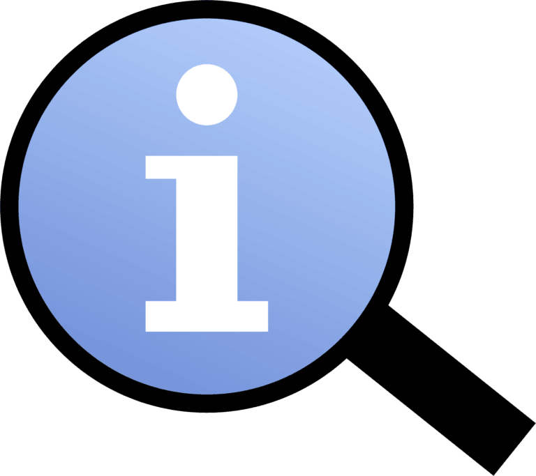 An information icon represented by a white letter 'i' inside a blue circle, set against a black background with a magnifying glass motif around it, indicating a search for information or help.