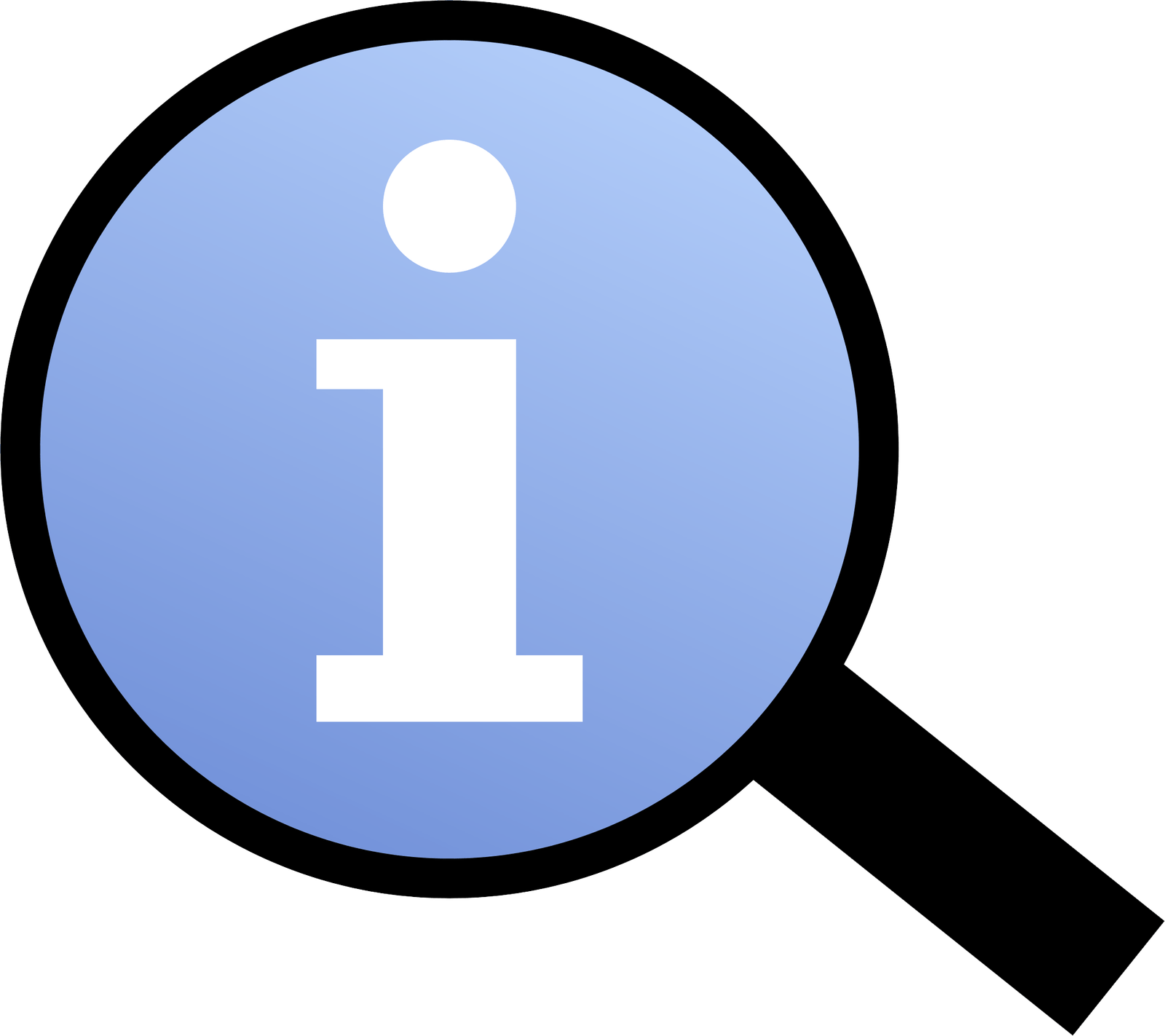 An information icon represented by a white letter 'i' inside a blue circle, set against a black background with a magnifying glass motif around it, indicating a search for information or help.