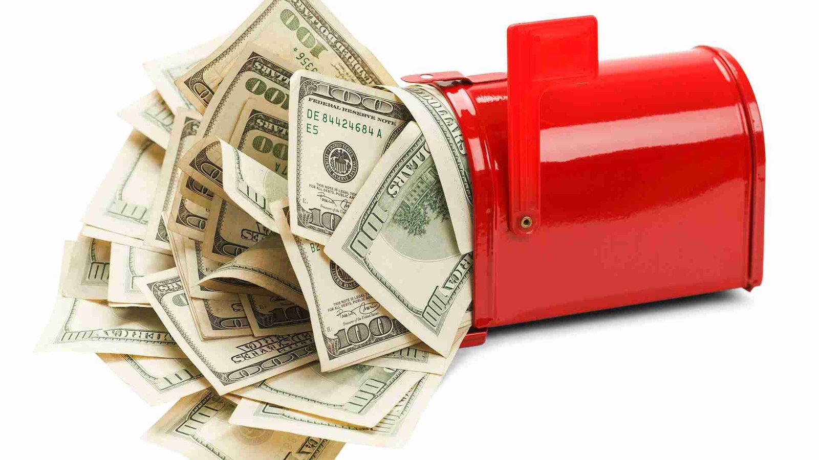 A red mailbox overflowing with a bounty of one hundred dollar bills, symbolizing unexpected wealth or the concept of "mailing money.