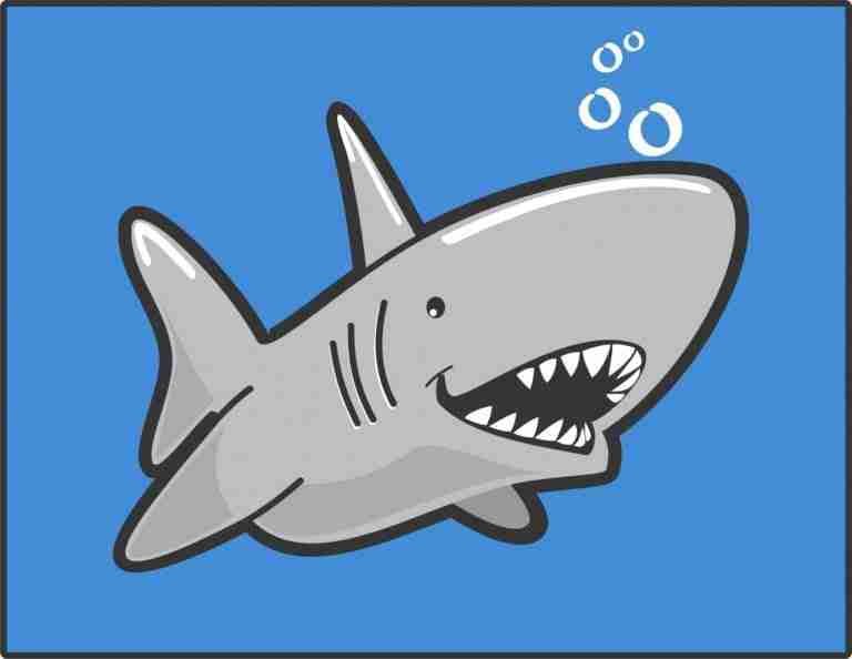 Cartoon illustration of a smiling shark swimming against a blue background with bubbles floating upwards.
