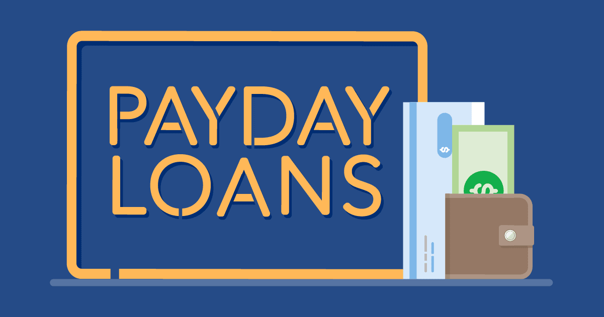 A graphic illustration depicting the concept of payday loans, featuring a neon sign that says "payday loans" next to a wallet with cash and a loan agreement peeking out.