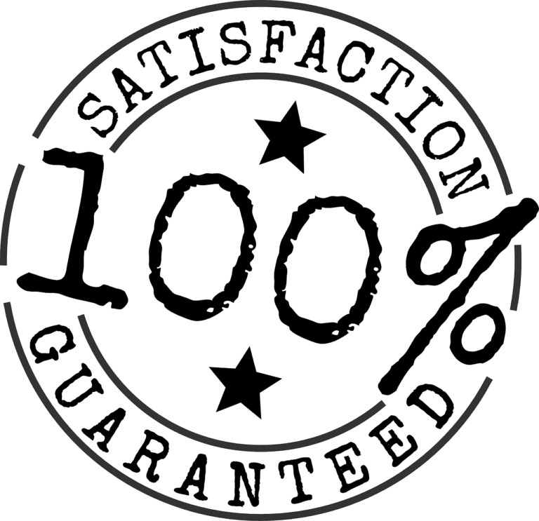 A black and white image of a round seal with the text "Satisfaction 100% Guaranteed" and two stars, one on either side of "100%."