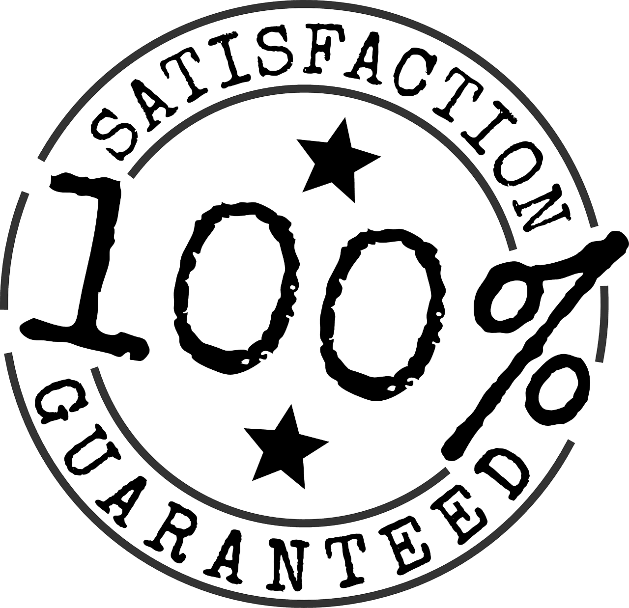 A black and white image of a round seal with the text "Satisfaction 100% Guaranteed" and two stars, one on either side of "100%."