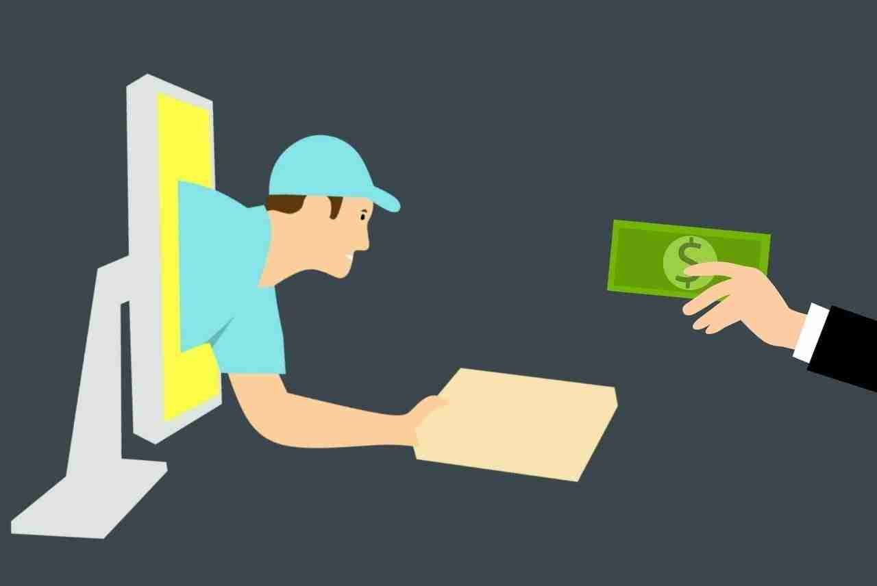 An illustration of a person in a blue cap and shirt receiving a package from within a computer screen while a hand from the right side extends money towards the person, symbolizing an online transaction. Easiest Guarantor Loan
