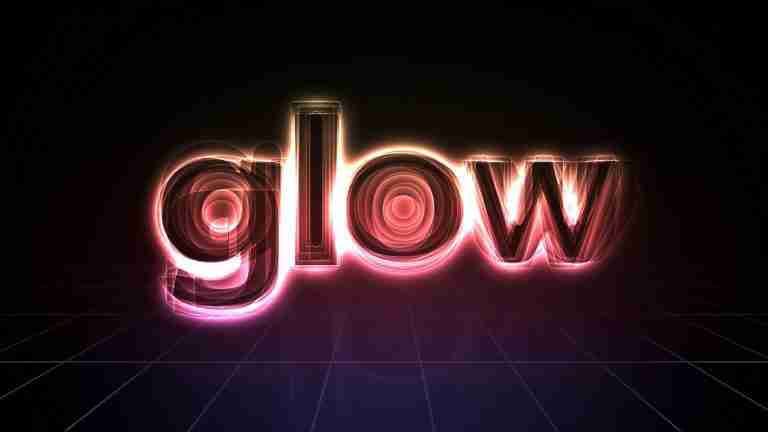 3D rendering of the word "glow" with a neon light effect on a dark grid-lined background.