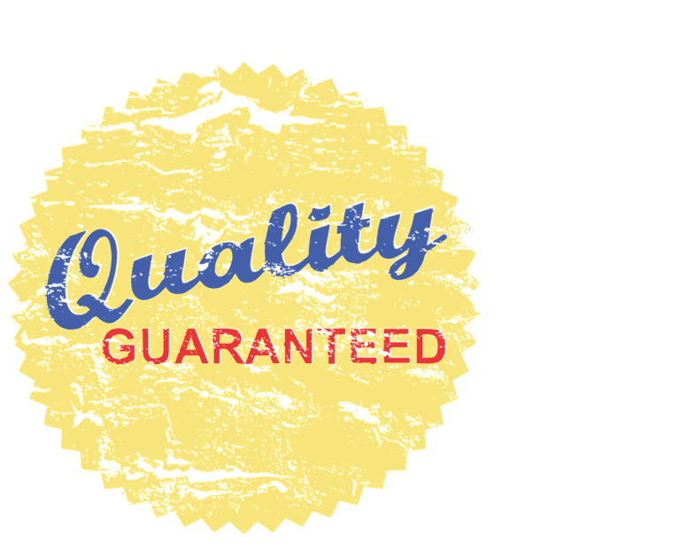 A textured yellow seal with a jagged edge, featuring the text "Quality GUARANTEED" with "Quality" in blue and "GUARANTEED" in red.