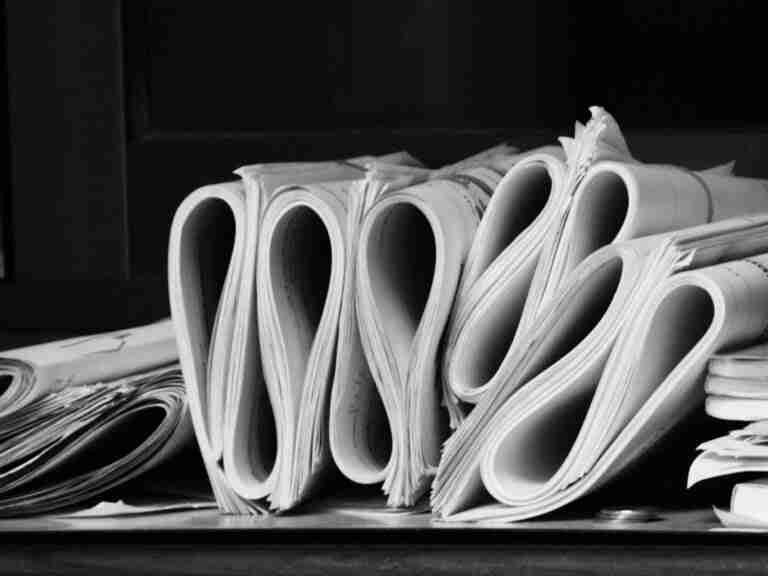 A black and white photograph of a stack of magazines with their pages rolled into loops, creating a textured pattern, set against a dark background. guarantor loans.