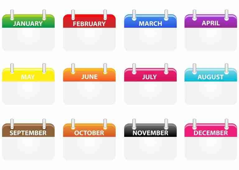 Twelve calendar icons representing each month of the year, with each month's name on a different colored tab at the top of the respective calendar icon.