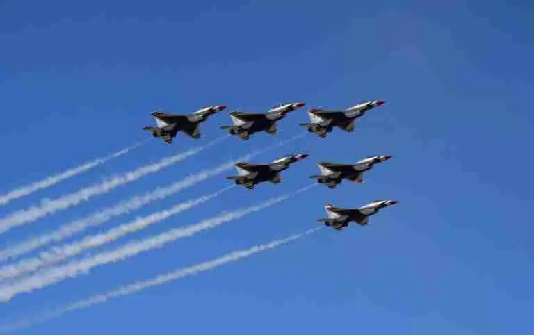 A formation of six fighter jets flying in the sky, leaving behind parallel contrails. Fast Loans