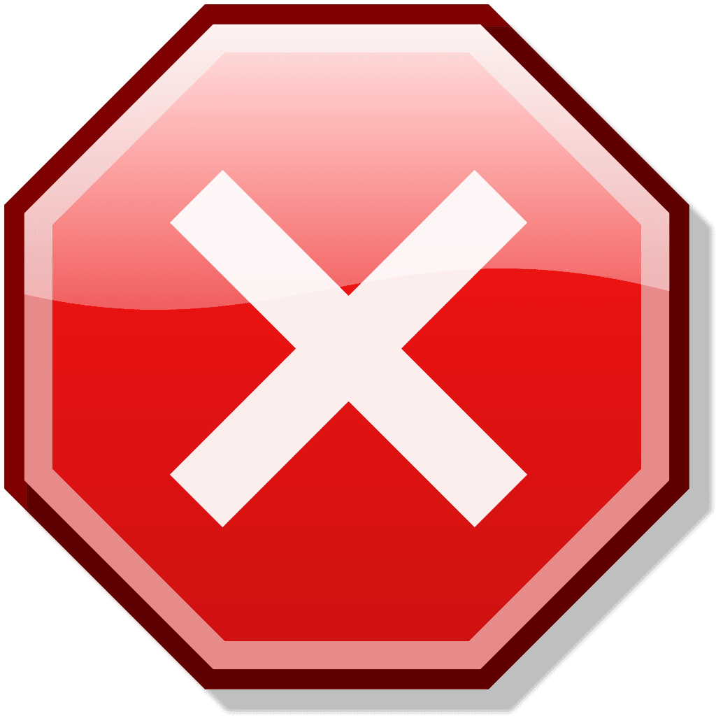 A stylized red stop sign with a white "X" across the front.