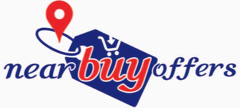Logo with the text "nearbyoffers" in blue and red, with a red location pin integrated into the design above the letter "i".