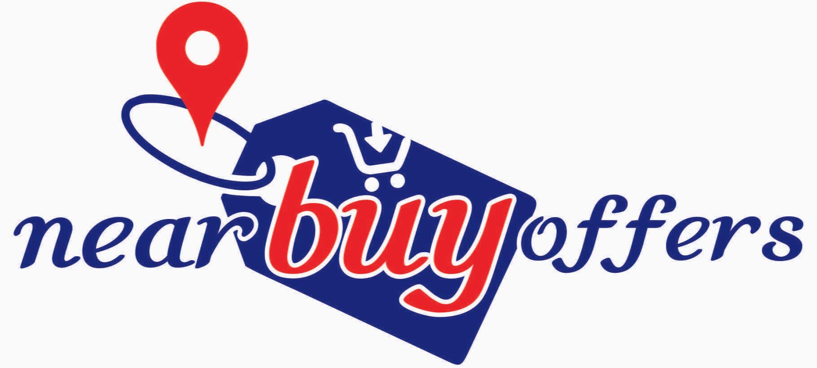 Logo with the text "nearbyoffers" in blue and red, with a red location pin integrated into the design above the letter "i".