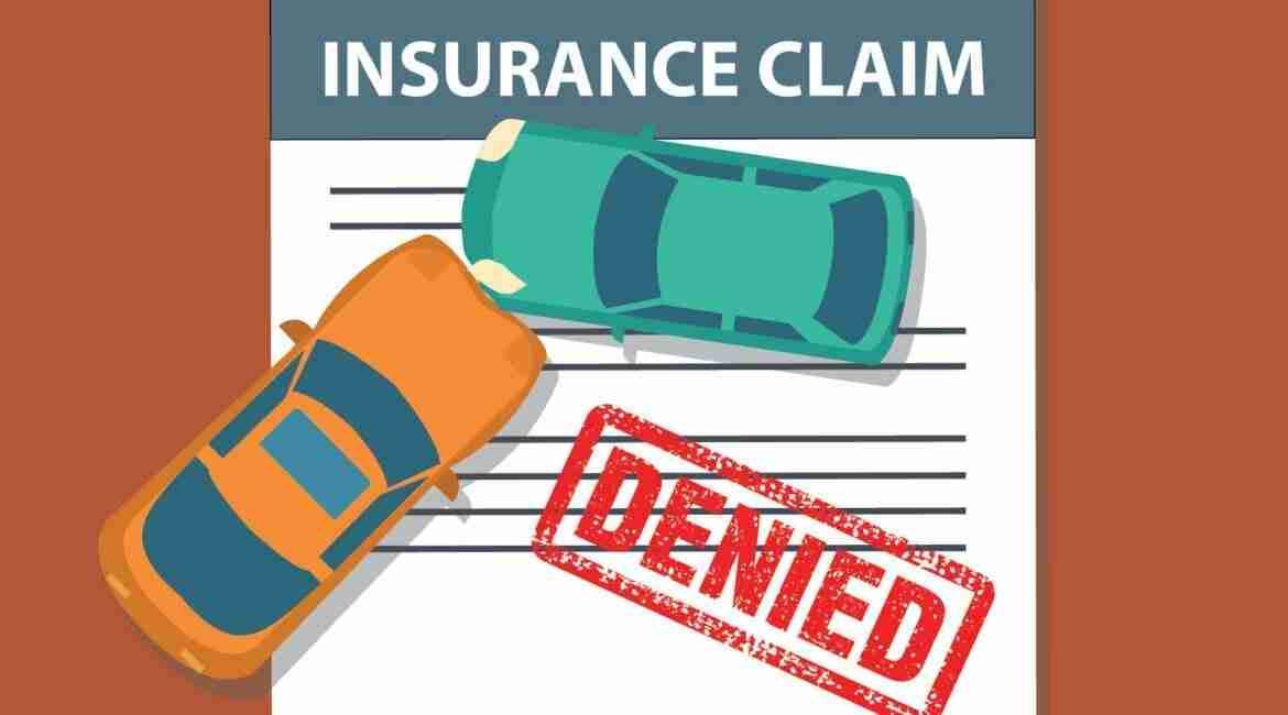 Illustration of two cars in a collision on a piece of paper labeled "INSURANCE CLAIM," with a large red "DENIED" stamp across it.