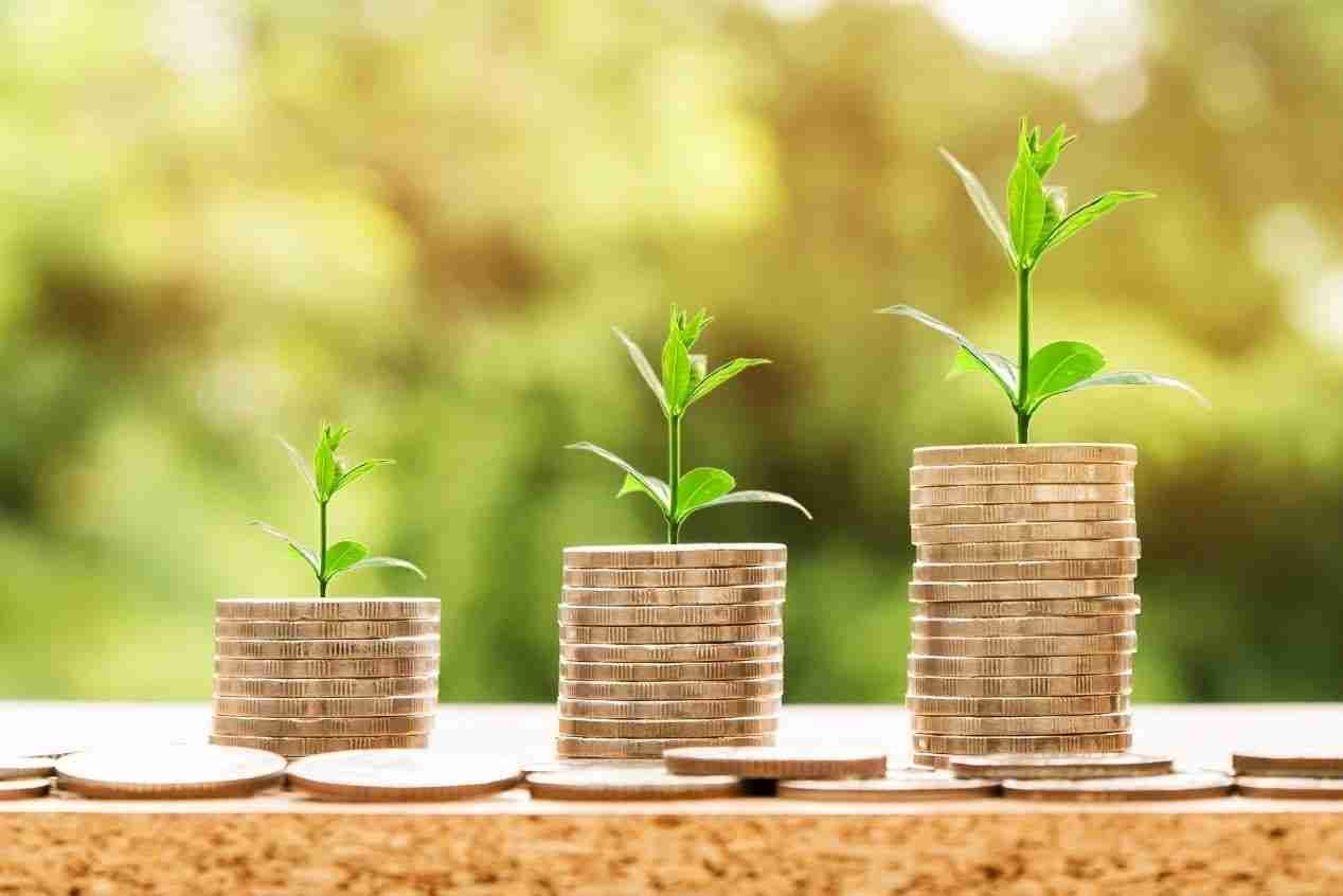 Three ascending stacks of coins with young green plants growing on top, symbolizing financial growth or investment, on a blurred natural background.