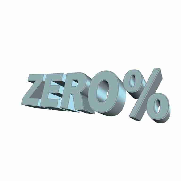 3D rendering of the text "ZERO%" in metallic silver on a light background.