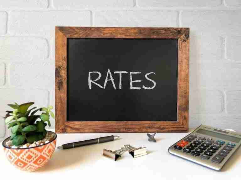 A wooden-framed chalkboard with the word "RATES" written on it, placed on a desk next to a succulent plant in a decorative pot, a pen, a metallic binder clip, and a calculator. The background is a white brick wall. best rate loans