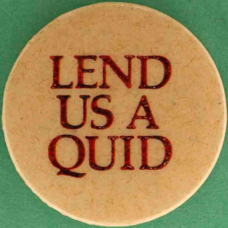 A round, beige coaster with the phrase "LEND US A QUID" printed in red letters on a green background. lenders payday