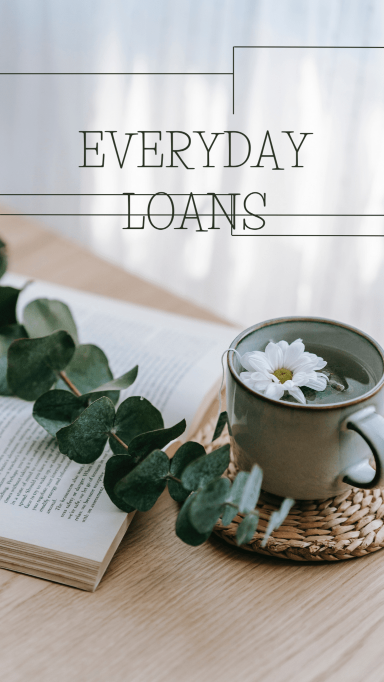 A serene workspace with the text "EVERYDAY LOANS" overlaid, featuring an open book, a grey mug with a white flower on a wicker coaster, and a eucalyptus branch, all resting on a wooden table. everyday loans review