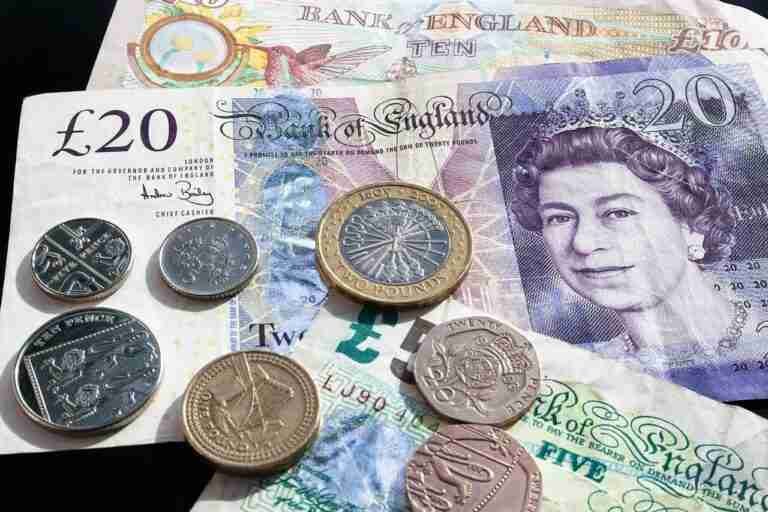 British currency comprising a £20 note and various coins, including one and two-pound coins, on a surface. 500 Pound Loan Direct Lender