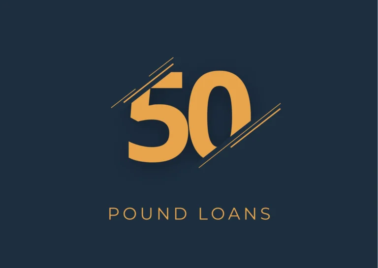 A graphic with a navy blue background and large, bold, golden '50' in the center, diagonally slashed by two thin lines. Below the number is the text "POUND LOANS" in gold capital letters. 50 Pound Loans