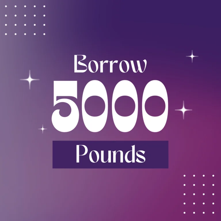 The image displays a text that reads "Borrow 5000 Pounds" against a purple background with white and purple dots, and decorative stars around the text.
