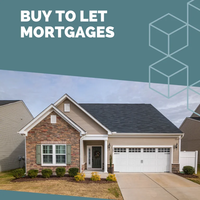 An advertisement featuring a single-story suburban house with a headline "BUY TO LET MORTGAGES" on a teal background, accompanied by hexagon outlines on the right side.