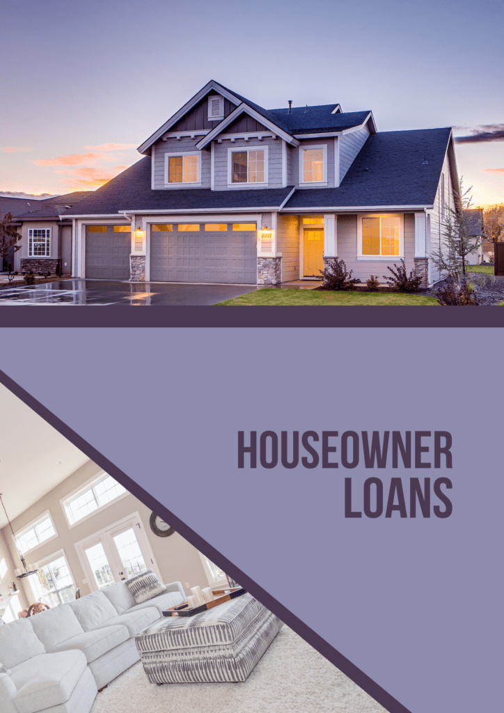 An advertisement image featuring a two-story home with outdoor lighting at dusk on the top, and an interior view of a living room with a white couch and modern decor on the bottom, diagonally divided by a purple banner with the text "HOMEOWNER LOANS" in white. Houseowner Loans