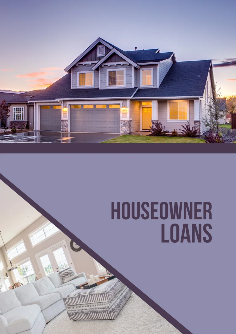 An advertisement image featuring a two-story home with outdoor lighting at dusk on the top, and an interior view of a living room with a white couch and modern decor on the bottom, diagonally divided by a purple banner with the text "HOMEOWNER LOANS" in white. Houseowner Loans